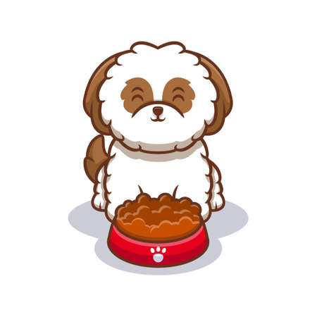 Cute Shih-tzu Puppy Ready to Eating Food Cartoon Icon Illustrationのイラスト素材