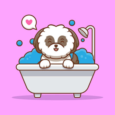 Cute Shih-tzu Puppy Happy to Take Bath Cartoon Icon Illustrationのイラスト素材