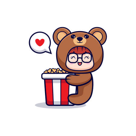 Design of cute girl wearing bear costume hug big popcornのイラスト素材