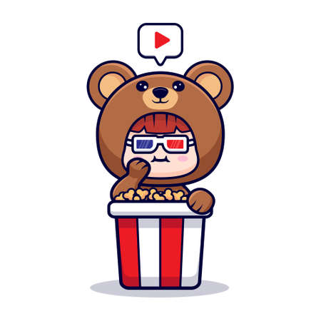 Design of cute girl wearing bear costume eating popcorn and watching movieのイラスト素材