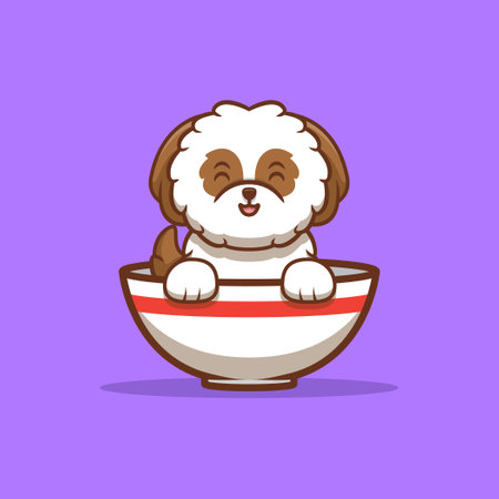 Cute Shih-tzu Puppy  Sitting Inside Ramen Bowl Cartoon Icon Illustrationのイラスト素材