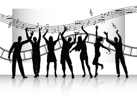 People silhouettes with film strip and music notesのイラスト素材