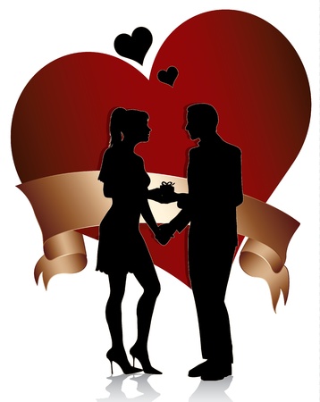 A man proposing marriage to  woman with gift box.Couple silhouette with  heart and ribbon isolated on white backgroundのイラスト素材