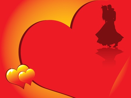 Valentine's day card with romentic couple silhouette and beautiful glowing heartsのイラスト素材