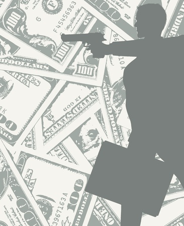 silhouette of a man on grungy dollars background with gun and a bag full of money のイラスト素材