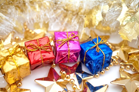 colorful gift boxes with decoration in goldの写真素材