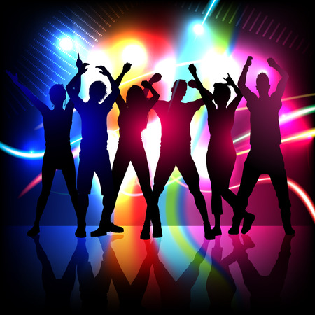 silhouettes of party people dancing on stage のイラスト素材