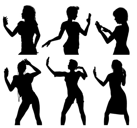 Girl silhouettes taking selfie with smart phone のイラスト素材