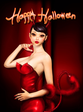 Halloween greeting card with cute devil in red dressの写真素材