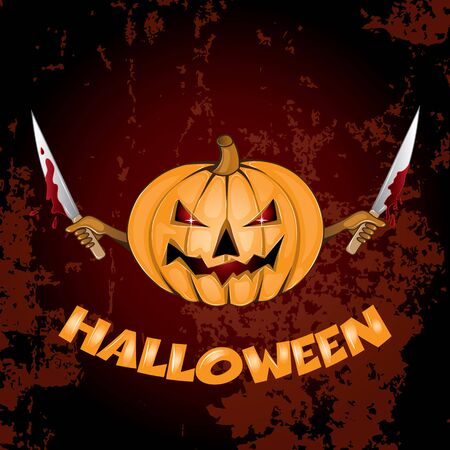 Halloween Background with halloween pumpkin with bloody knives in handsのイラスト素材