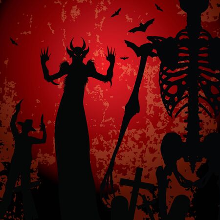 Grungy Halloween background with monsters and skeleton silhouettesのイラスト素材