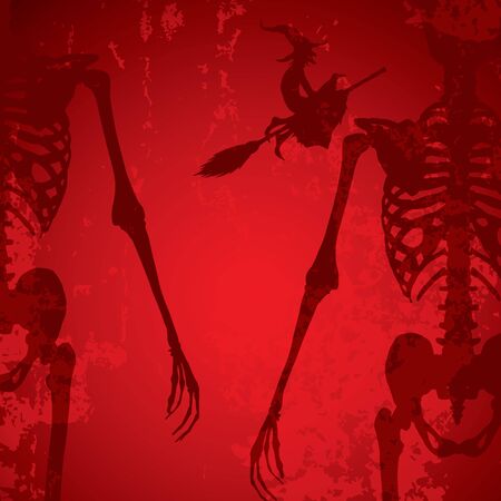 Grungy Halloween background with flying with and skeleton silhouettesのイラスト素材