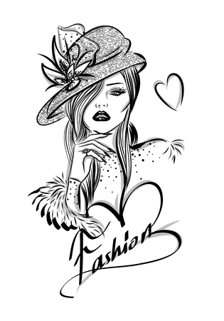 Beautiful woman line art illustration with accessoriesのイラスト素材