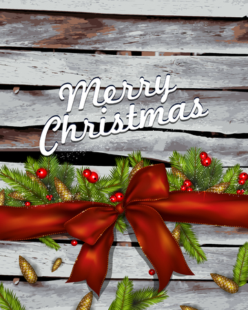 christmas background with bow ,fir branches and red berries on woodのイラスト素材