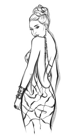 Beautiful line art woman illustrationのイラスト素材