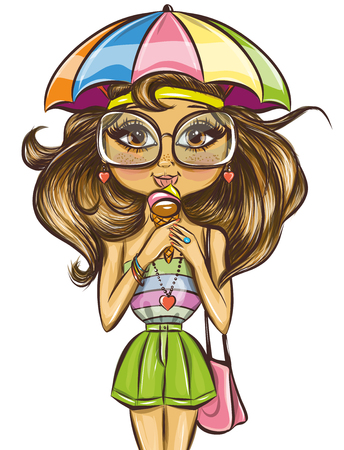 Cute summer girl eating ice cream vector illustrationのイラスト素材