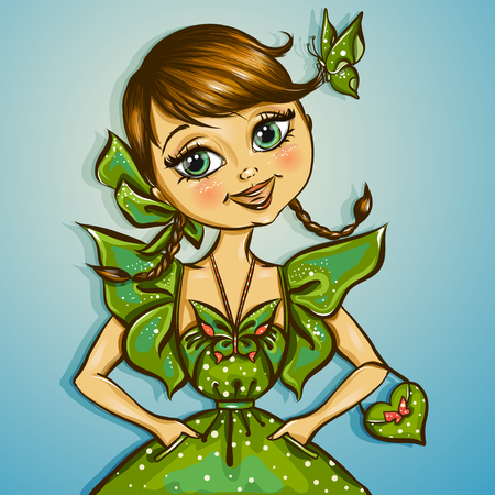 pretty spring girl with fly vector illustrationのイラスト素材