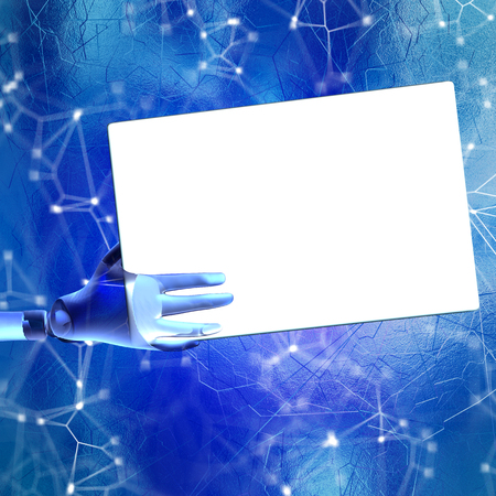 3d robotic hand holding blank cardの写真素材