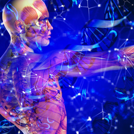 3d dna medical background with male figure and virus cellsの写真素材