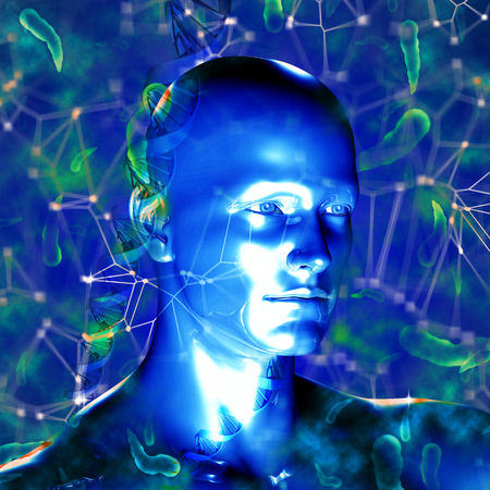 3d dna medical background with male figure and virus cellsの写真素材
