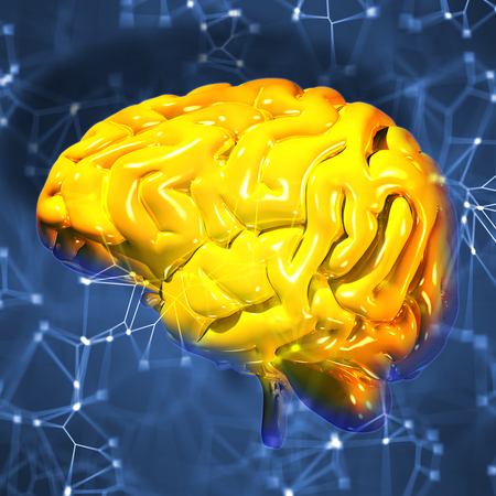3d render of a golden human brain with neuron connectionsの写真素材