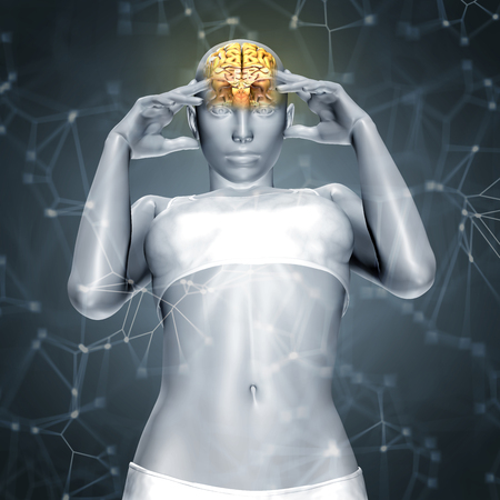 3D render of a female figure with brain  with connecting dots and linesの写真素材