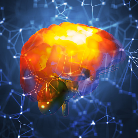 3d illustration of a human brain highlighted on low-poly abstract backgroundの写真素材