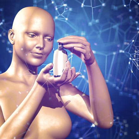 3d medical background with a female figure holding medicineの写真素材