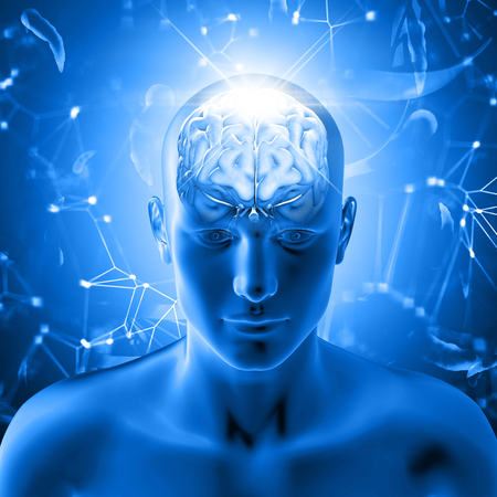 3D  medical background with male figure with brainの写真素材