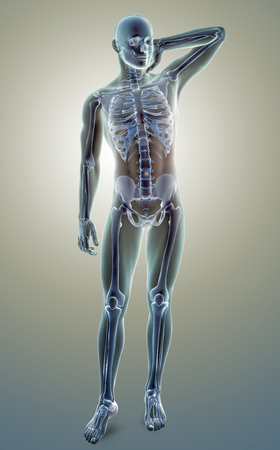3d medical figure standing and holding his neckの写真素材