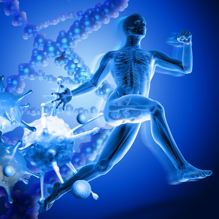 3d medical figure running away from viruses on dna backgroundの写真素材