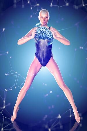 3d Android woman holding a human brainの写真素材