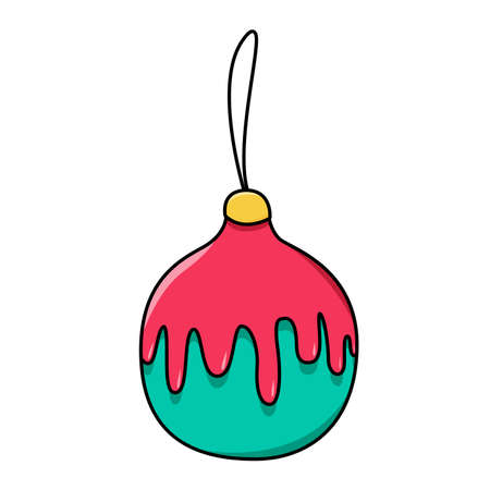 Vector doodle ball on a Christmas tree in flat style. Christmas hand drawn isolated ball with strokes, shadows and highlights. New Year icon for open design, website and printed products. Part of a winter collection.のイラスト素材