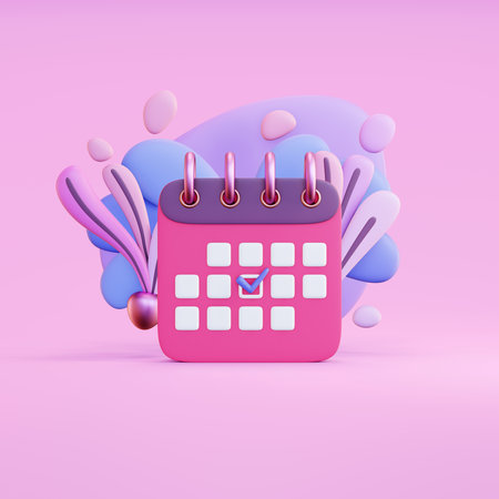 Calendar 3d illustration with unusual plants and pink background. Clipping path includedの写真素材