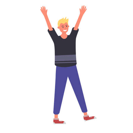 Vector happy man hands up. Colored flat boy with a smile on his face isolated on a white background.のイラスト素材