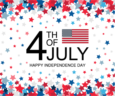 Independence day USA celebration banner template with american flag decor and falling stars background in red and blue colours. 4th of July holiday poster template. Vector illustration.のイラスト素材