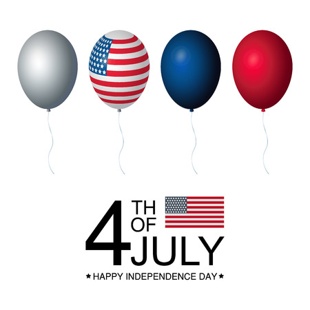 Independence day USA celebration set collection of balloons in red, white and blue colours, with flag decor. Happy 4th of July text with american flag label. For poster, banner design. Vector.のイラスト素材