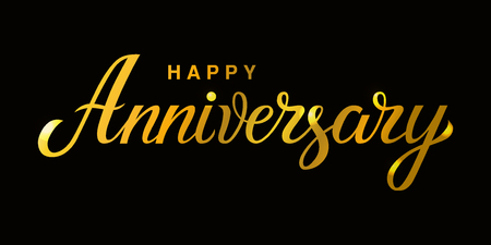 Happy Anniversary - unique hand drawn holiday quote. Handwritten typography lettering poster for greeting card, banner print. Vector modern gold text calligraphy illustrationのイラスト素材