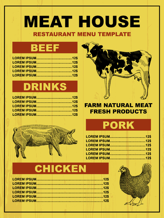 Meat house restaurant menu price template for meat dishes. Vector sketch design with cow, pig and hen illustration.のイラスト素材