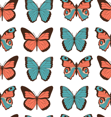 Colorful flat cartoon seamless pattern with different butterflies on white backgroundのイラスト素材