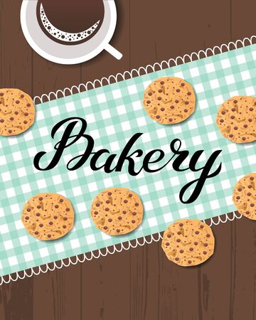 Bakery logo card. Typography hand drawn vector illustration, poster with wooden table with food and drink - cookies baking, checkered napkin and coffee mug. Banner template.のイラスト素材