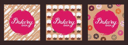 Bakery shop logo card set. Typography hand drawn vector illustration, poster with utencils, cupcakes, donuts. Banner templateのイラスト素材