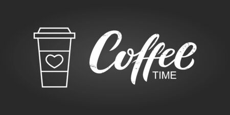 Plastic or carton mug and Coffee time hand drawn lettering. Coffee cup for card icon. On blackboard backgroundのイラスト素材