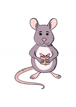 cute cartoon front view grey metal rat. symbol of new 2020 year or cheerful mouse. Hand sketched illustration, animal character with holiday gift boxのイラスト素材