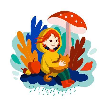 Autumn comes - smiling little girl with red hair, season character. The child in raincoat sits on a rainy cloud under fly agaric mushroom, with cat in arms, with harvest, leaves.のイラスト素材