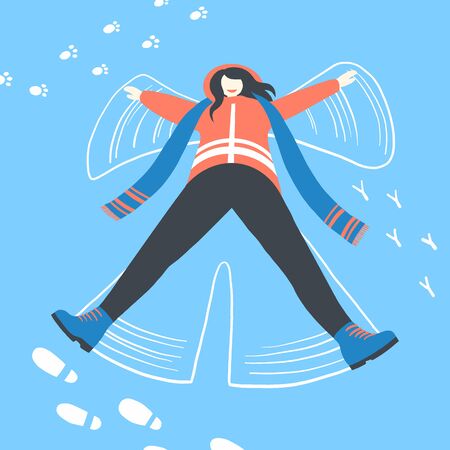 Woman in winter clothes make snow angel. Happy pretty girl make wings. A lot of different tracks in the snow. Winter holidays design illustrationのイラスト素材