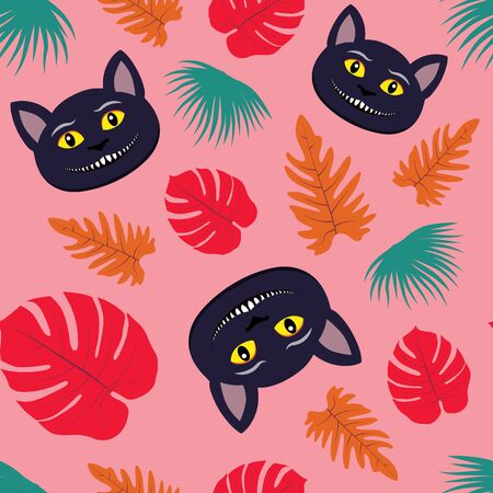illustration of seamless pattern with smiling Cheshire cat and tropical leaves. Tricky animal character face for fabric print.のイラスト素材