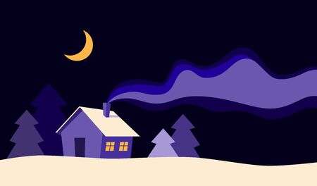 Beautiful house at night in winter season flat cartoon style background illustration. Merry Christmas and happy new year card with snowy forest landscape, moonのイラスト素材