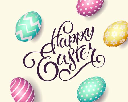 Hand drawn Happy Easter text. Easter poster with realistic eggs on background, banner template, lettering typography.のイラスト素材