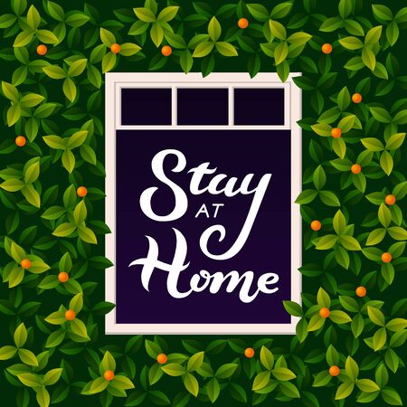 Vector illustration with Stay at home lettering text in open window. An inscription urging people to stay at home during the epidemic. COVID-19のイラスト素材